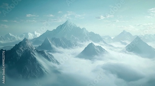 Wallpaper Mural A mountain range veiled in fog, with only the highest peaks visible above the clouds, creating a mystical, otherworldly scene. Torontodigital.ca