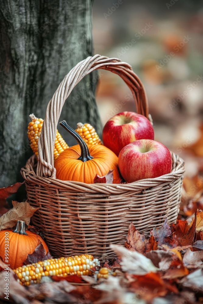 Rustic Basket Filled with Pumpkins and Apples Rustic Basket Filled with Pumpkins and Apples