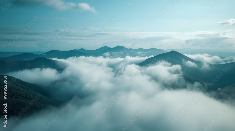 A mountain range veiled in fog, with only the highest peaks visible above the clouds, creating a mystical, otherworldly scene. A mountain range veiled in fog, with only the highest peaks visible above the clouds, creating a mystical, otherworldly scene.