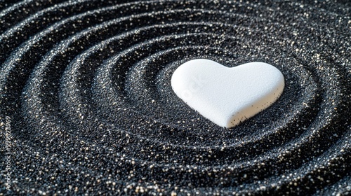 Japanese ZEN garden with white heart in raked black sand photo