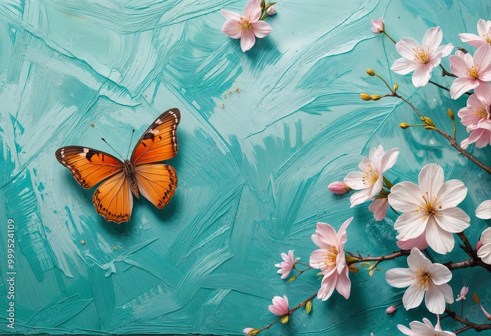 Oil painting on canvas, brush stroke Butterfly and cherry blossoms on a turquoise background. Beautiful springtime background. Flat lay, top view Oil painting on canvas, brush stroke Butterfly and cherry blossoms on a turquoise background. Beautiful springtime background. Flat lay, top view