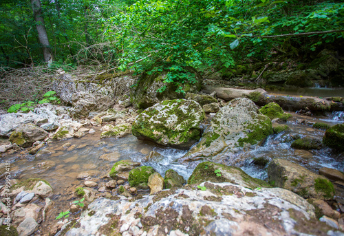 shallow mountain river, staritsa and nature walks, spring day photo