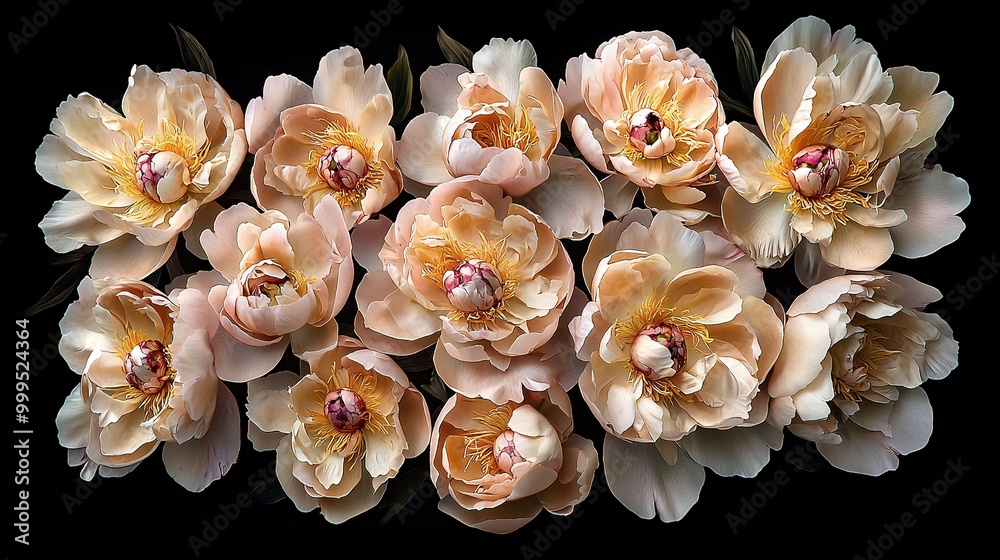 Close-up of a bouquet of flowers on black background, featuring one central blossom Close-up of a bouquet of flowers on black background, featuring one central blossom
