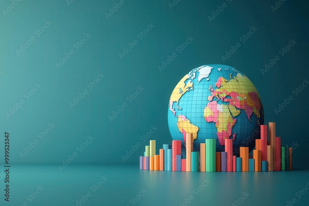 Colorful globe with bar graphs representing data and growth on a teal background. Ideal for global business and analytics. Colorful globe with bar graphs representing data and growth on a teal background. Ideal for global business and analytics.