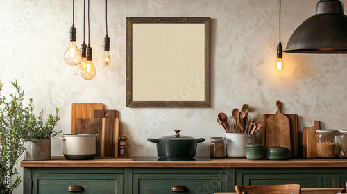Rustic Kitchen Interior with Blank Frame  Wooden Cutting Boards  and Pots