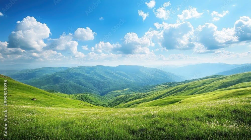 Majestic Green Hills Under a Bright Blue Sky with Fluffy White Clouds on a Sunny Day Majestic Green Hills Under a Bright Blue Sky with Fluffy White Clouds on a Sunny Day