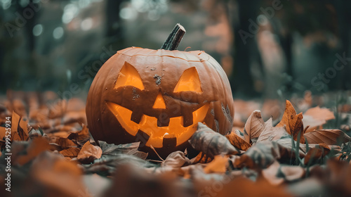 A spooky jack-o-lantern with a carved face sits in a garden