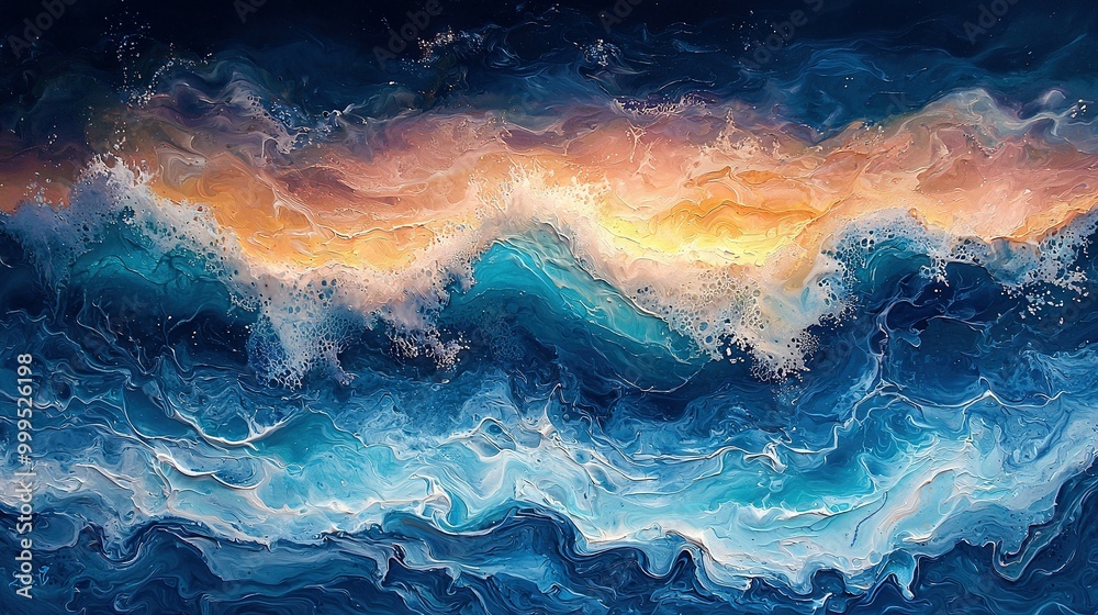A vibrant painting of an ocean wave, with orange and blue hues blending atop and beneath the crests, graces the canvas's base A vibrant painting of an ocean wave, with orange and blue hues blending atop and beneath the crests, graces the canvas's base