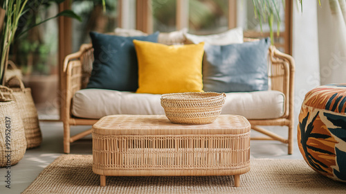Wicker Rattan Sofa and Coffee Table in Tropical Living Room