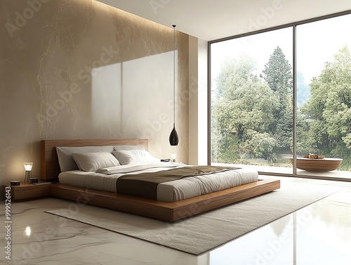 Modern bedroom with a platform bed, wooden nightstand, and a view of trees through a large window.