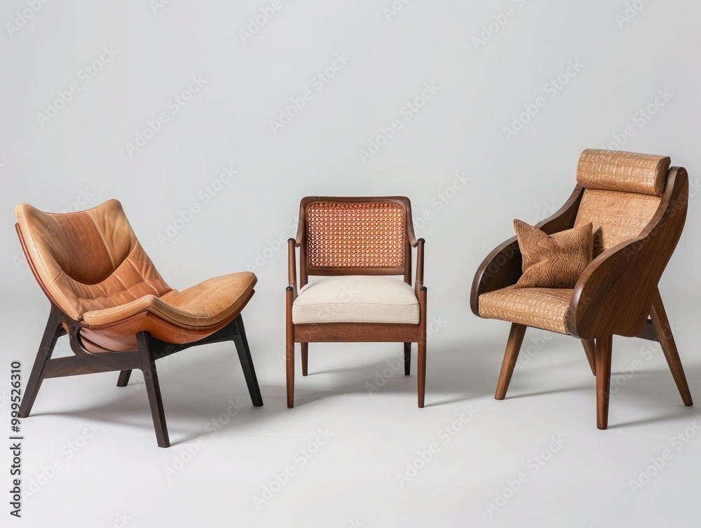 Obraz premium Three mid-century modern armchairs in various shades of brown, showcasing elegant and comfortable design for living spaces