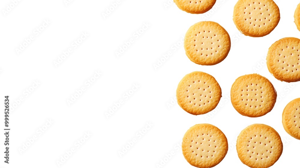 A collection of round, golden-brown crackers on a black background.