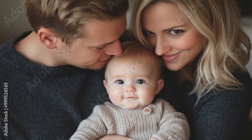 Happy Young Family Hugging Their Baby Girl in Cozy Home Setting with Soft Lighting and Warm Colors