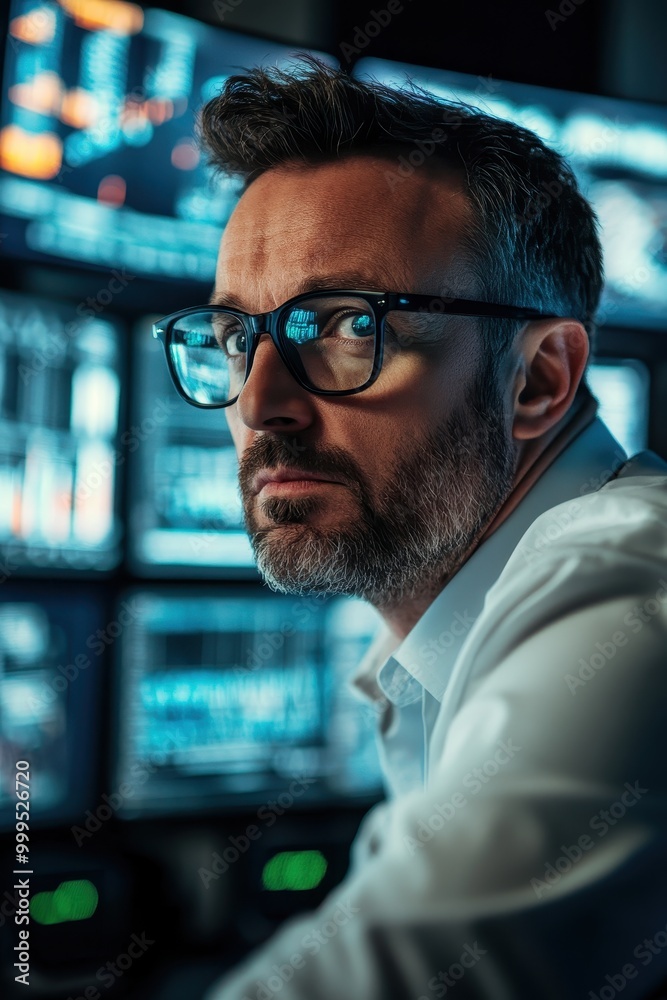 Focused Professional Analyzing Data on Multiple Monitors in a Modern Office Environment Focused Professional Analyzing Data on Multiple Monitors in a Modern Office Environment