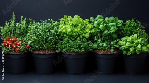 A variety of potted herbs and vegetables against a dark background.