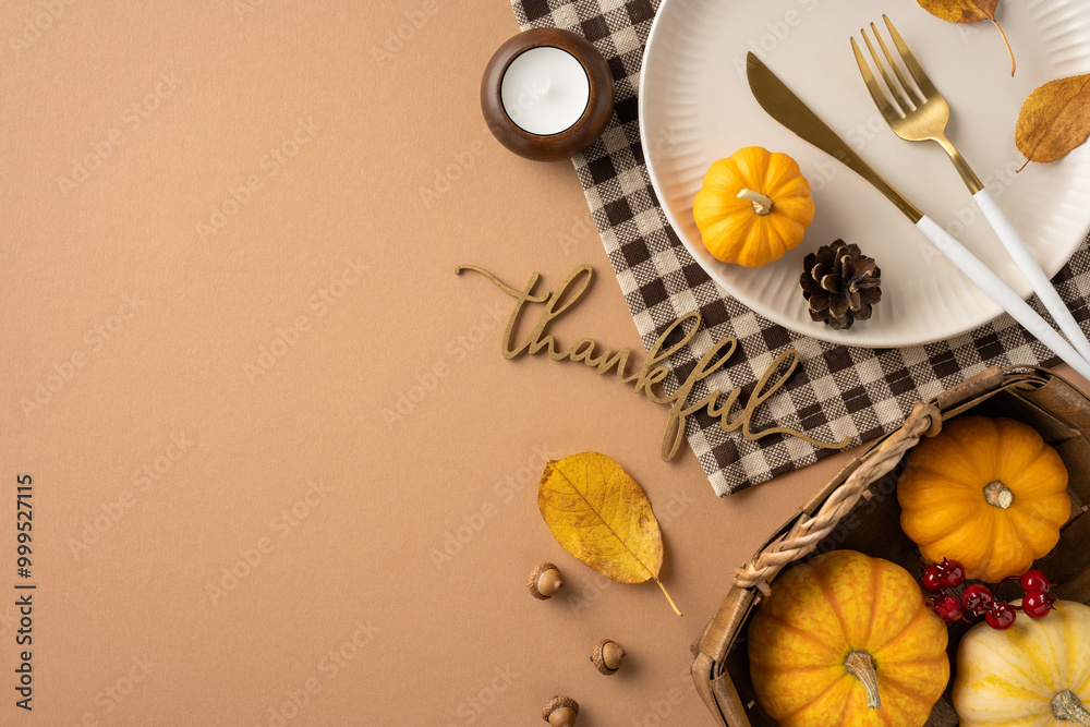 A beautifully arranged Thanksgiving table setting featuring small pumpkins, pine cones, and autumn leaves, enhancing a cozy and festive atmosphere A beautifully arranged Thanksgiving table setting featuring small pumpkins, pine cones, and autumn leaves, enhancing a cozy and festive atmosphere