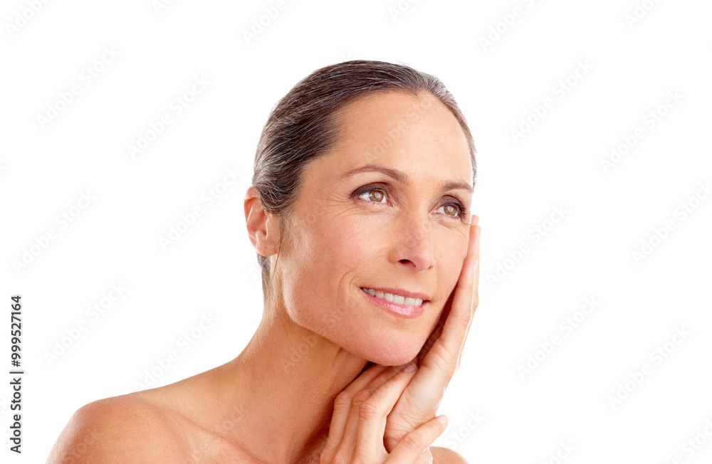 Mature woman, studio and thinking for skincare with confidence for routine on gray background. Female person, happy and satisfied with antiaging treatment and cosmetics for beauty and self care Mature woman, studio and thinking for skincare with confidence for routine on gray background. Female person, happy and satisfied with antiaging treatment and cosmetics for beauty and self care