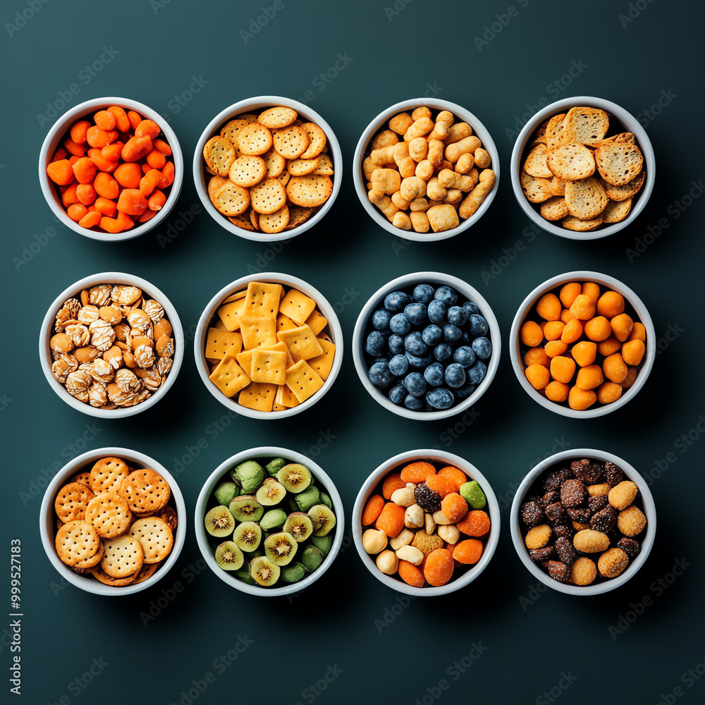 Assorted snacks in bowls on a green surface, arranged neatly. Assorted snacks in bowls on a green surface, arranged neatly.