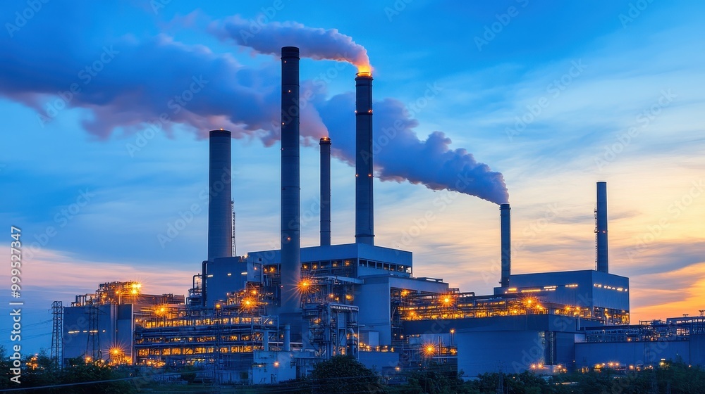 Industrial Power Plant with Smokestacks Emitting Smoke During Sunset