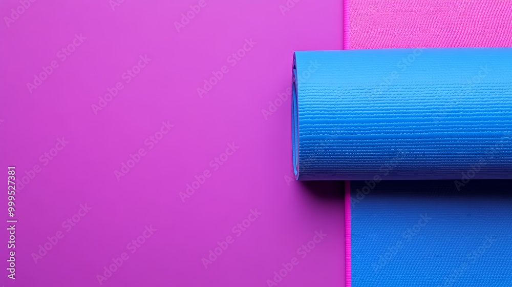 Top view of neon colored blue pink yoga mat on violet background. Yoga pilates sport concept. Flat Lay. Top view of neon colored blue pink yoga mat on violet background. Yoga pilates sport concept. Flat Lay.