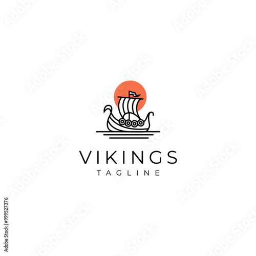 Viking pirate sailing ship logo with sunset in linear line art vector design style