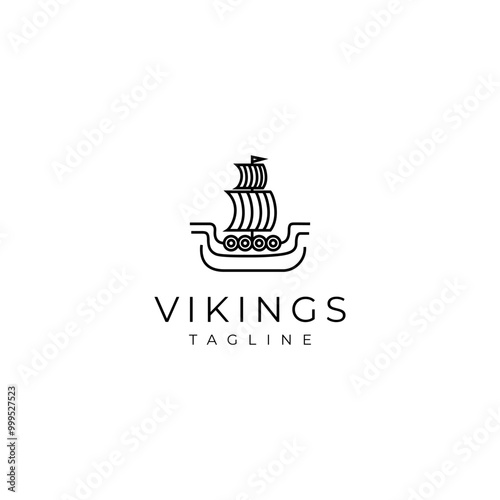 Viking pirate sailing ship logo with waves in linear line art vector design style