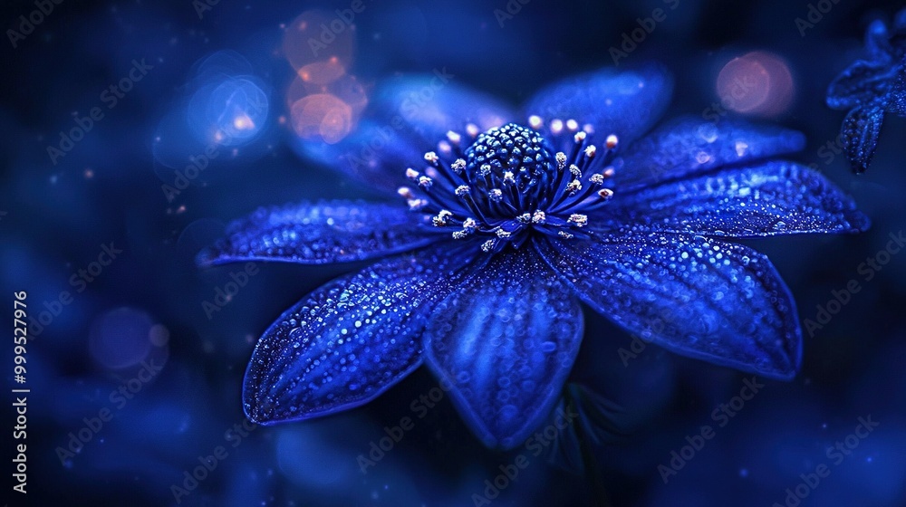 A detailed image of a blue blossom with water droplets on its petals and a hazy surroundings A detailed image of a blue blossom with water droplets on its petals and a hazy surroundings