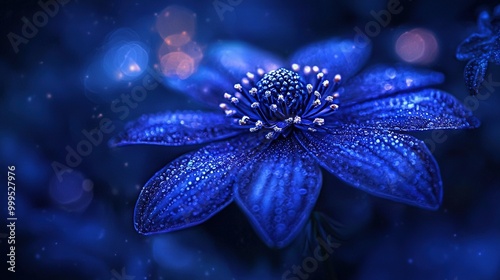  A detailed image of a blue blossom with water droplets on its petals and a hazy surroundings