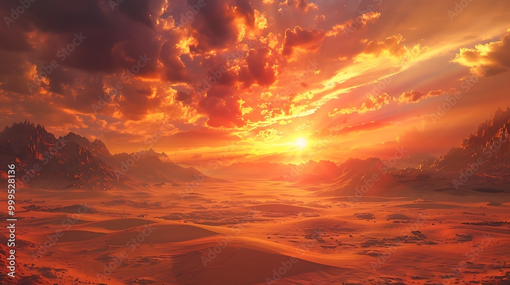 Obraz premium The scene shows a stunning and fanciful sunset over an empty desert with a shining