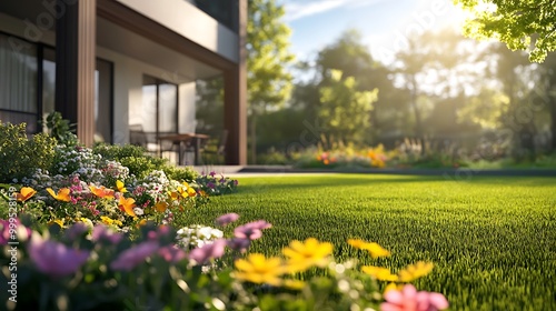 Lush green lawn with colorful flowers in bloom and modern house in the background.