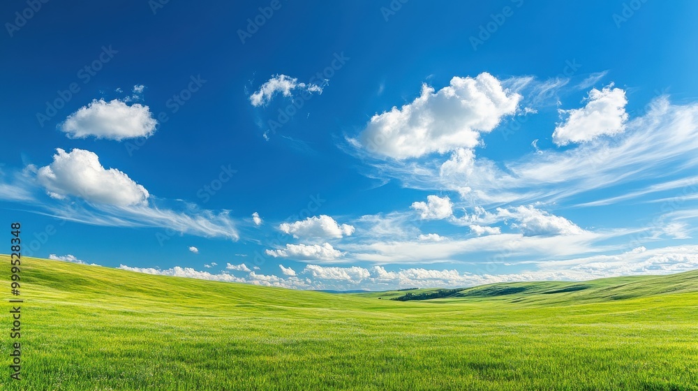 Beautiful Green Field Under a Blue Sky with White Clouds on a Sunny Day Beautiful Green Field Under a Blue Sky with White Clouds on a Sunny Day