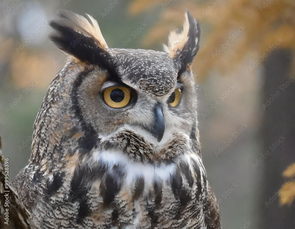 Fototapeta premium Isolated great horned owl with depth of field showcasing large tufts and striking eyes