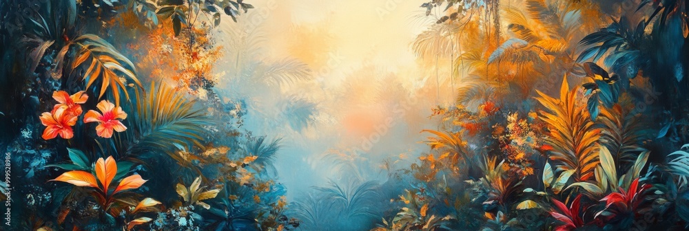 Tropical Wildlife Paradise, vibrant scene of diverse fauna amidst lush greenery, intricate details contrast with soft blurred backdrop Tropical Wildlife Paradise, vibrant scene of diverse fauna amidst lush greenery, intricate details contrast with soft blurred backdrop