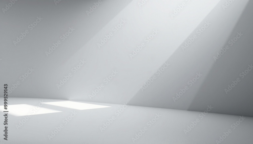 Two beams of light illuminate a white room with shadows on the floor. Two beams of light illuminate a white room with shadows on the floor.