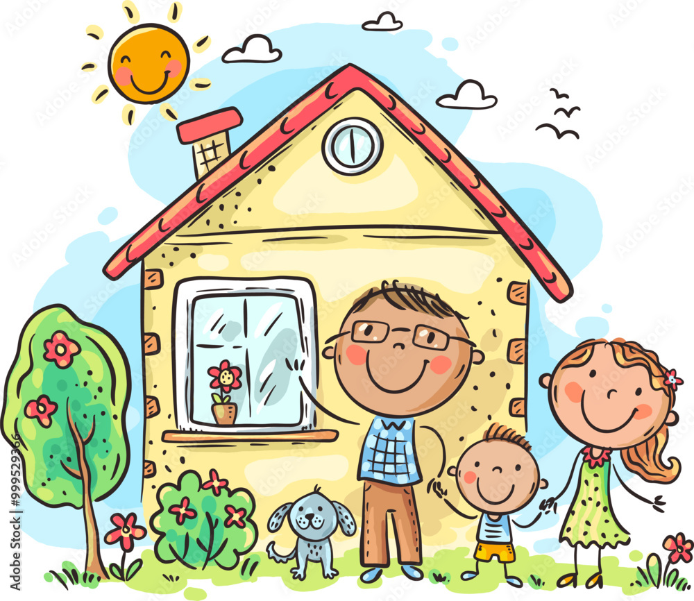 Happy cartoon family with one child and puppy near house in garden. Parents with son standing in a row and holding hands Happy cartoon family with one child and puppy near house in garden. Parents with son standing in a row and holding hands