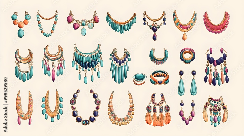 Fototapeta premium Boho chic jewelry flat design, side view, bohemian market theme, animation, Triadic Color Scheme 