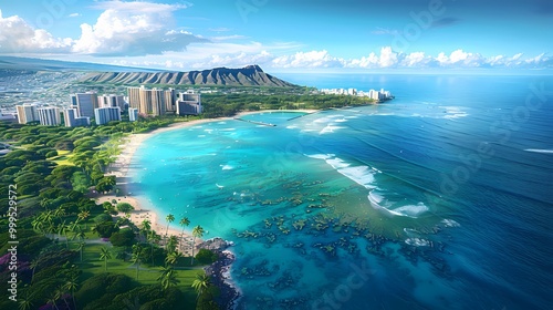 Tropical Coastal Landscape with Buildings and Trees photo