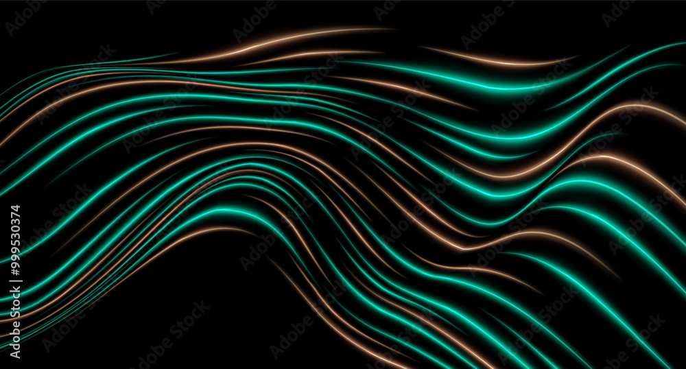 Curved blue neon light effect isolated on dark background. Flowing, wavy glowing lines with abstract design. Graphical patch of reflected light. Lens flare. Vector illustration. Curved blue neon light effect isolated on dark background. Flowing, wavy glowing lines with abstract design. Graphical patch of reflected light. Lens flare. Vector illustration.
