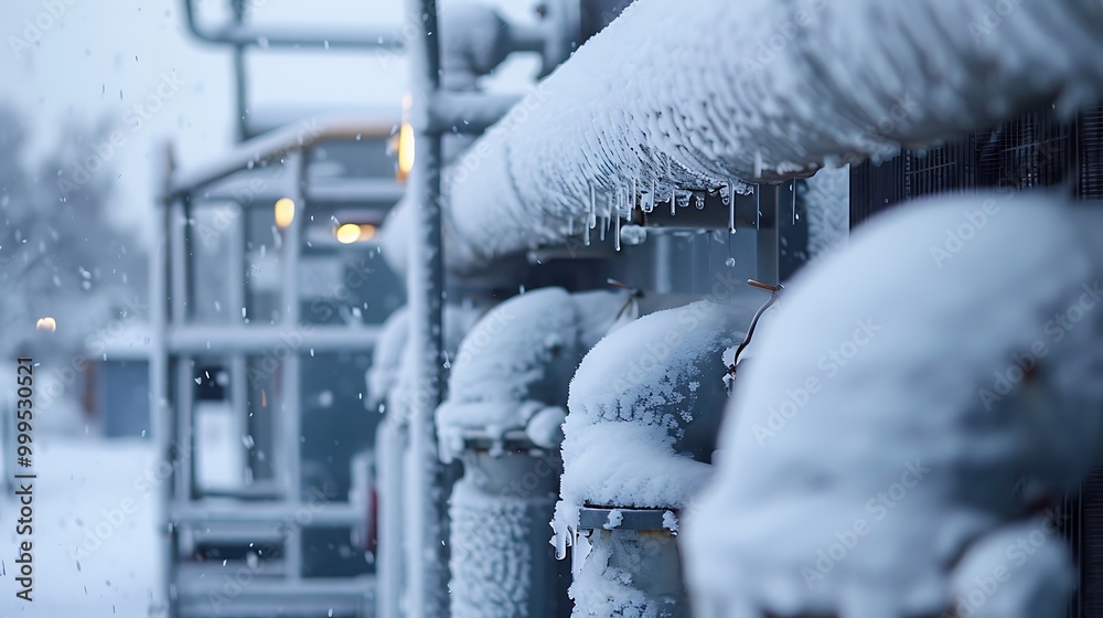 The snow covered outside unit of the air heating equipment