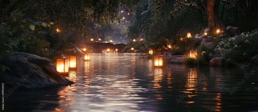 Enchanting River with Floating Lanterns Illuminating a Serene Forest at Dusk Enchanting River with Floating Lanterns Illuminating a Serene Forest at Dusk
