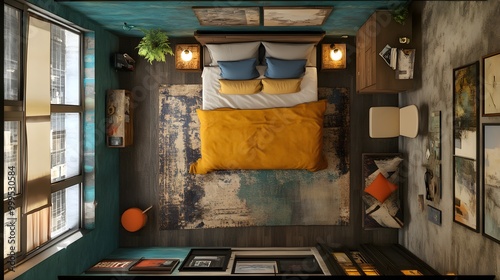 Retro rebellion bedroom flat design, top view, grunge chic theme, water color, Complementary Color Scheme  photo