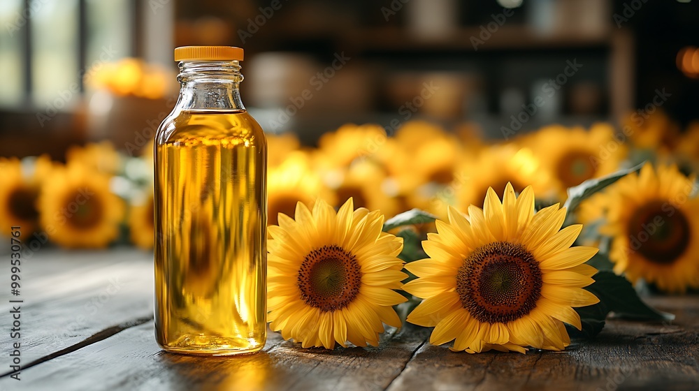 A glass bottle of sunflower oil sits on a wooden table with sunflowers in the background.
