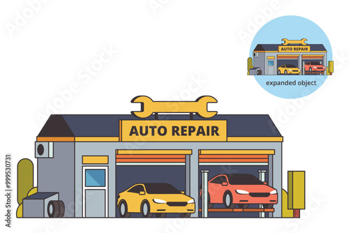 Vector illustration of Garage Auto Repair Shop building with Editable Outline