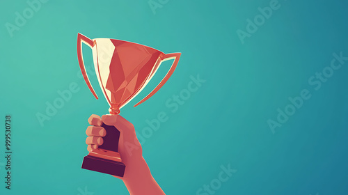 A hand holding a golden trophy against a blue background. photo