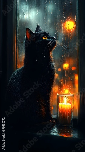 Black Cat Sitting on Windowsill During Rainy Night with Moody Lighting