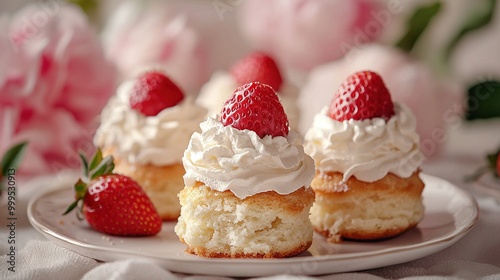  A white plate with mini cupcakes topped with whipped cream and strawberries is placed on a table