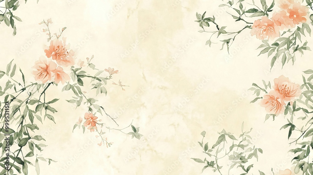 A floral wallpaper featuring pink flowers and green leaves on a light beige background, with a subtle fade to the bottom half A floral wallpaper featuring pink flowers and green leaves on a light beige background, with a subtle fade to the bottom half