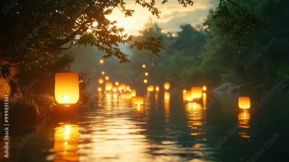 Tranquil River with Floating Lanterns at Sunset in a Serene Natural Landscape Tranquil River with Floating Lanterns at Sunset in a Serene Natural Landscape
