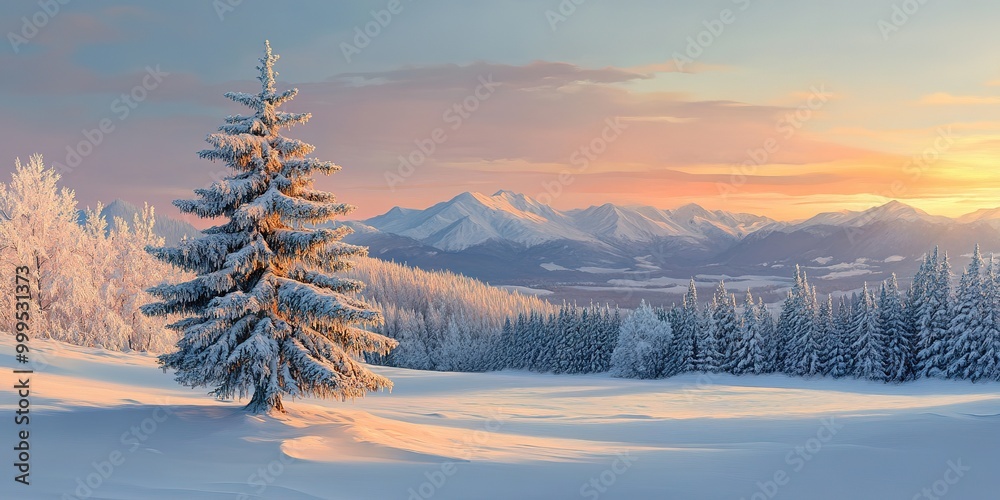 Obraz premium Pine trees stand alone in a snow-covered landscape, warm sunlight touching the mountain peaks