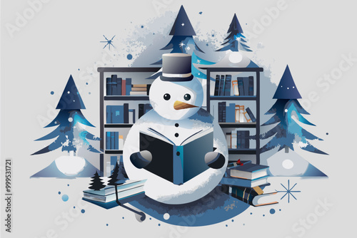 Reading Snowman in Winter Wonderland with Festive Bookshelves